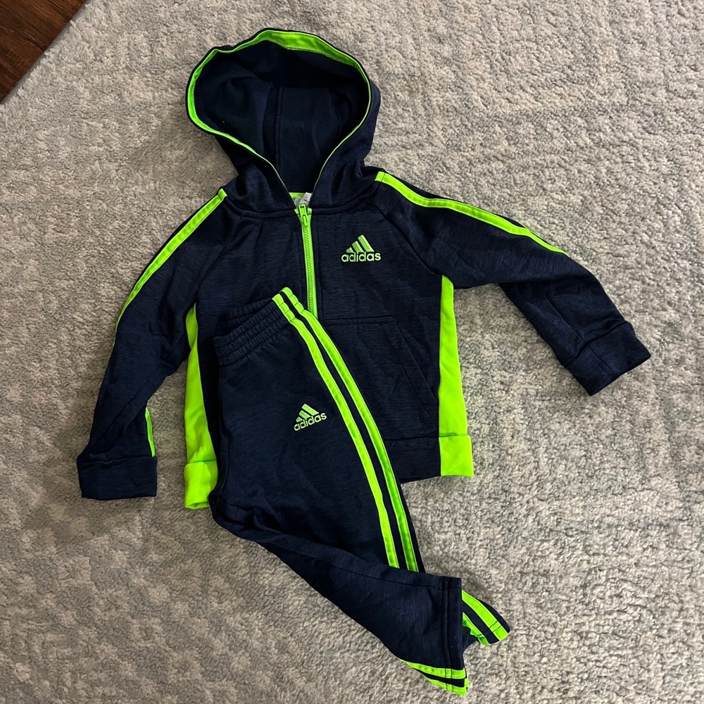 adidas Kids Navy and Neon Green Hooded Jacket & Track Pants Set